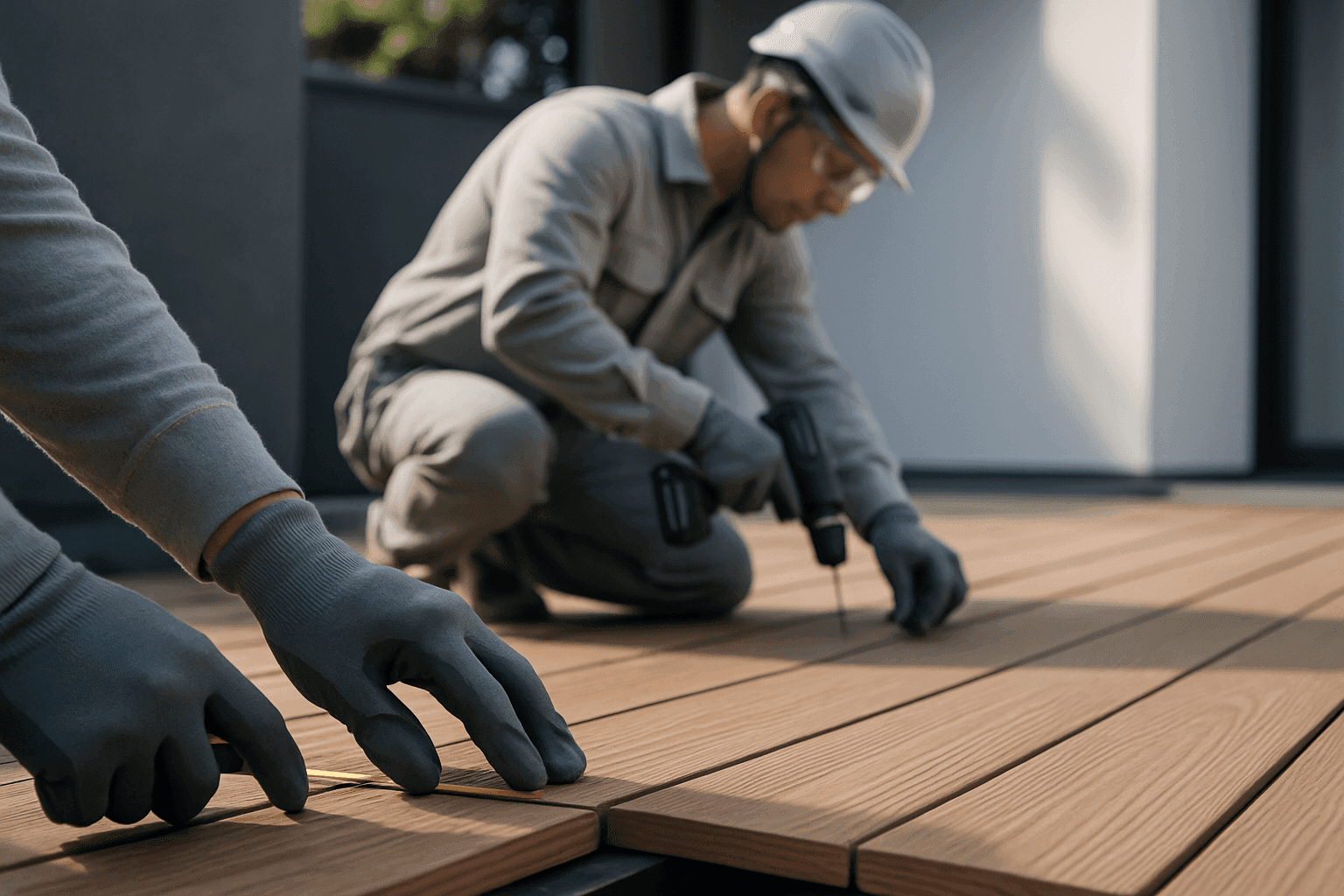 Professional decking installation with gloved hands measuring wood boards on a clean site